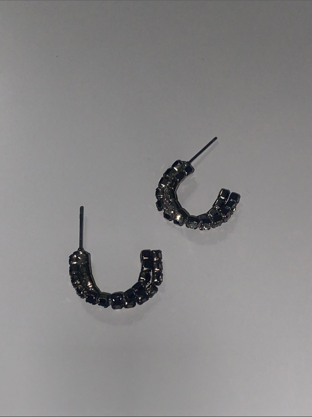 Rhinestone Black Accent Half-Hoop Earrings - Gunmetal